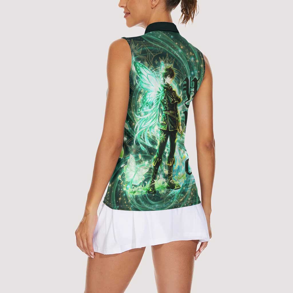 Yuno Black Clover Women Sleeveless Polo Shirt Magical Fantasy Style with Emerald Wind Swirls