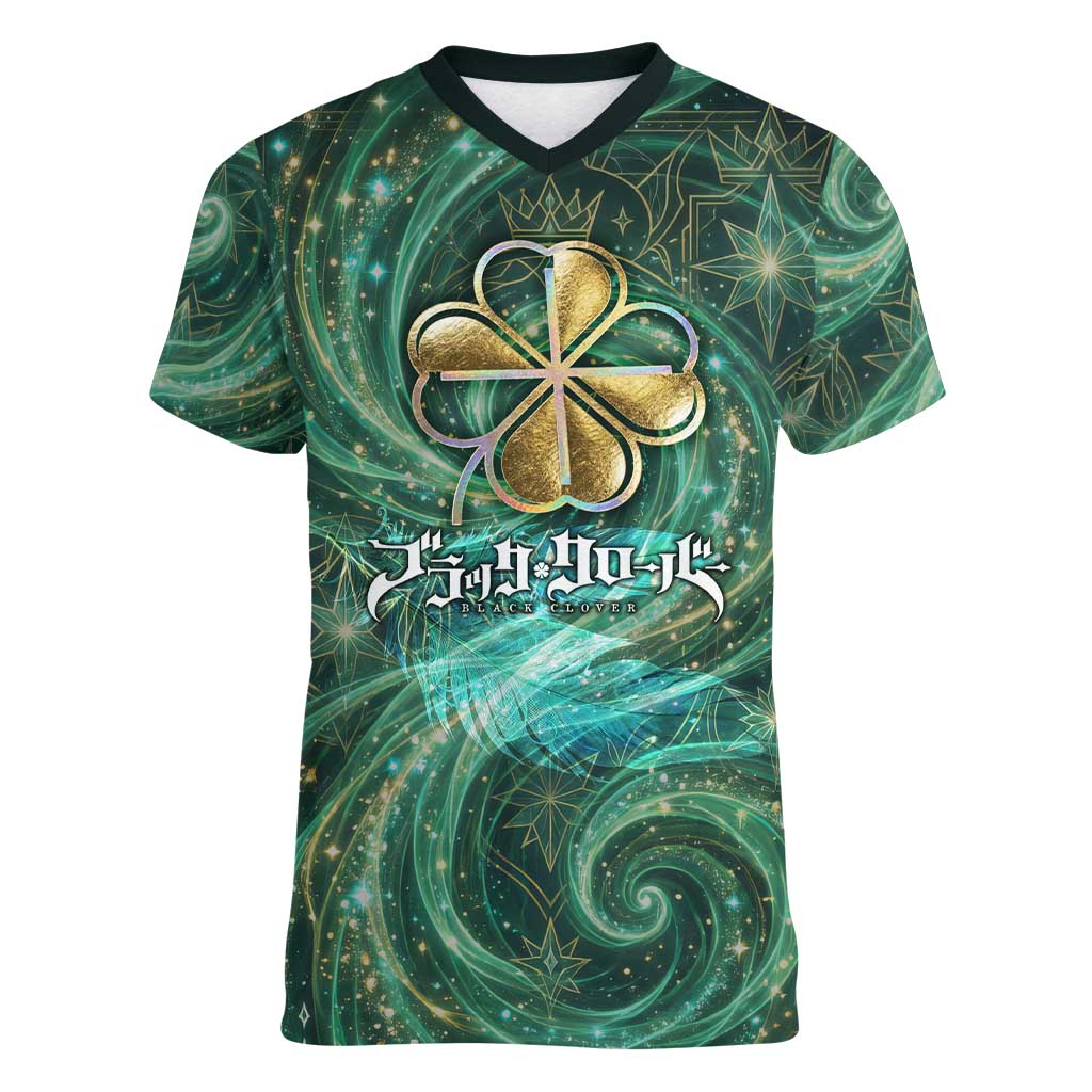 Yuno Black Clover Women V-Neck T-Shirt Magical Fantasy Style with Emerald Wind Swirls