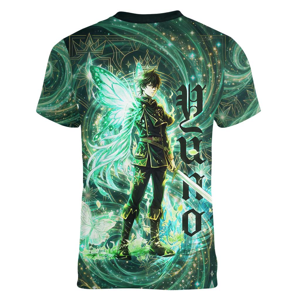Yuno Black Clover Women V-Neck T-Shirt Magical Fantasy Style with Emerald Wind Swirls