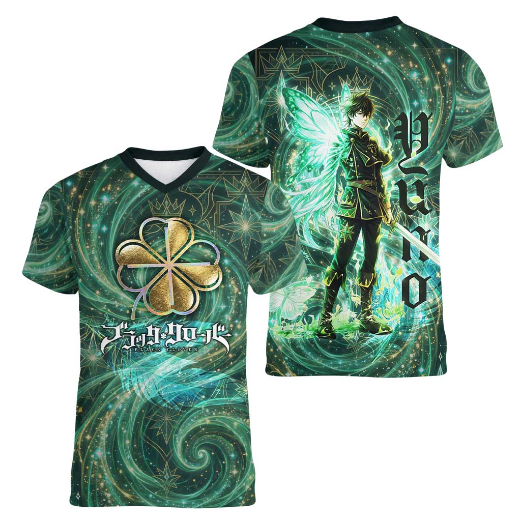 Yuno Black Clover Women V-Neck T-Shirt Magical Fantasy Style with Emerald Wind Swirls