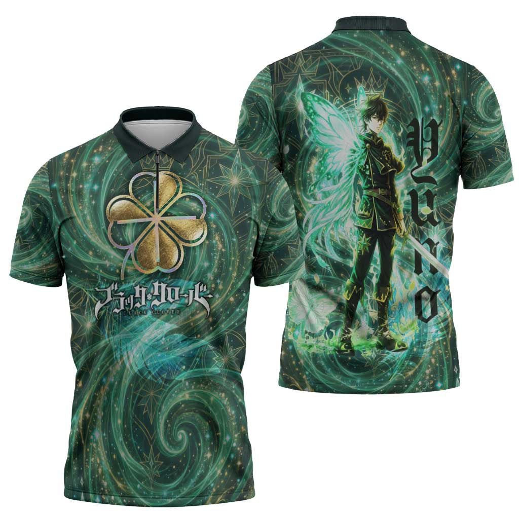 Yuno Black Clover Zipper Polo Shirt Magical Fantasy Style with Emerald Wind Swirls