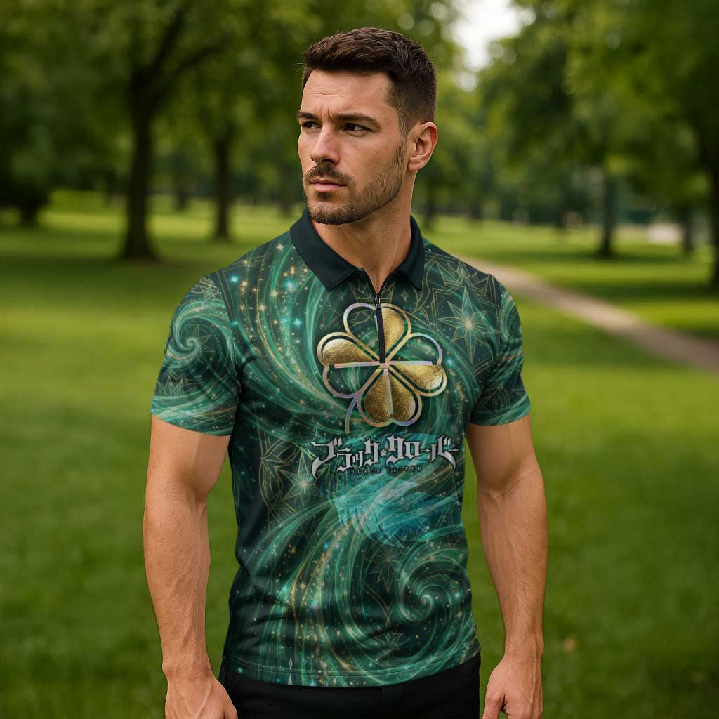Yuno Black Clover Zipper Polo Shirt Magical Fantasy Style with Emerald Wind Swirls