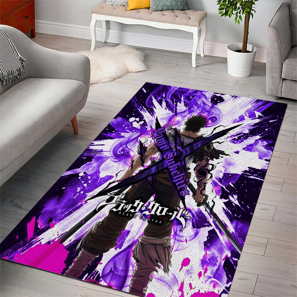 Yami Sukehiro Black Clover Area Rug Dark Magic Anime Style with Purple Smoke and Bull Emblem