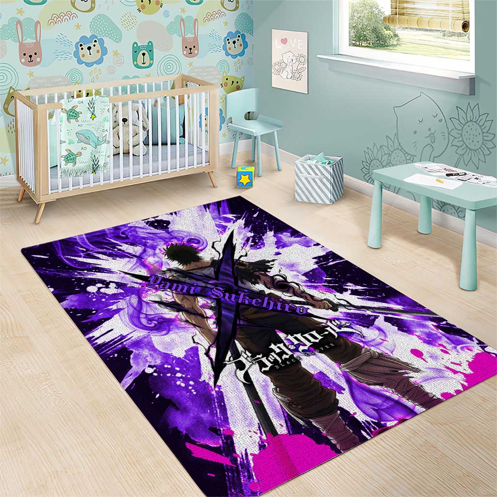 Yami Sukehiro Black Clover Area Rug Dark Magic Anime Style with Purple Smoke and Bull Emblem
