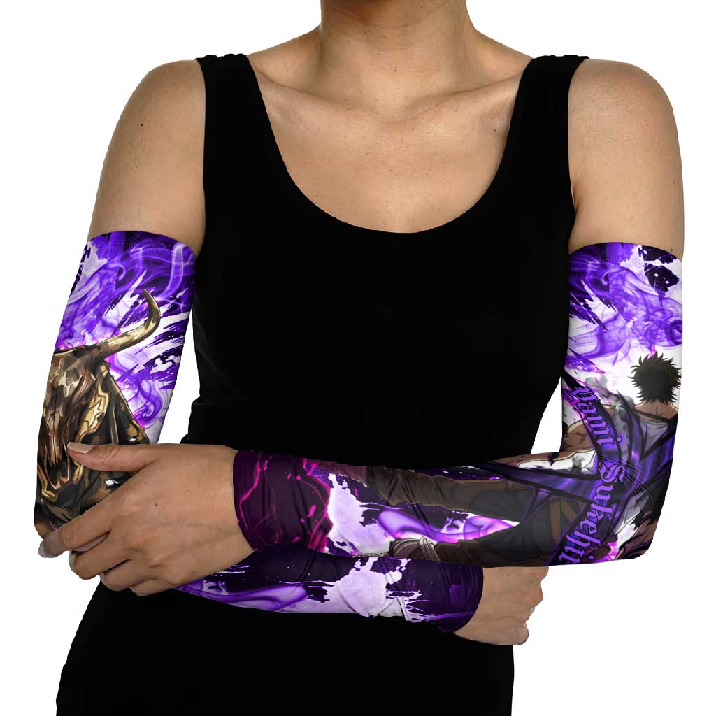 Yami Sukehiro Black Clover Arm Sleeves Dark Magic Anime Style with Purple Smoke and Bull Emblem