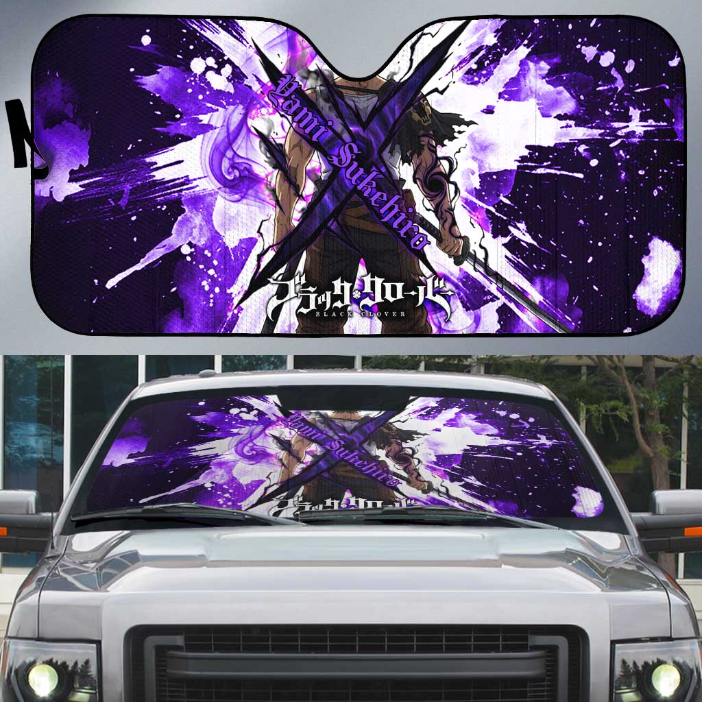 Yami Sukehiro Black Clover Auto Sun Shade Dark Magic Anime Style with Purple Smoke and Bull Emblem