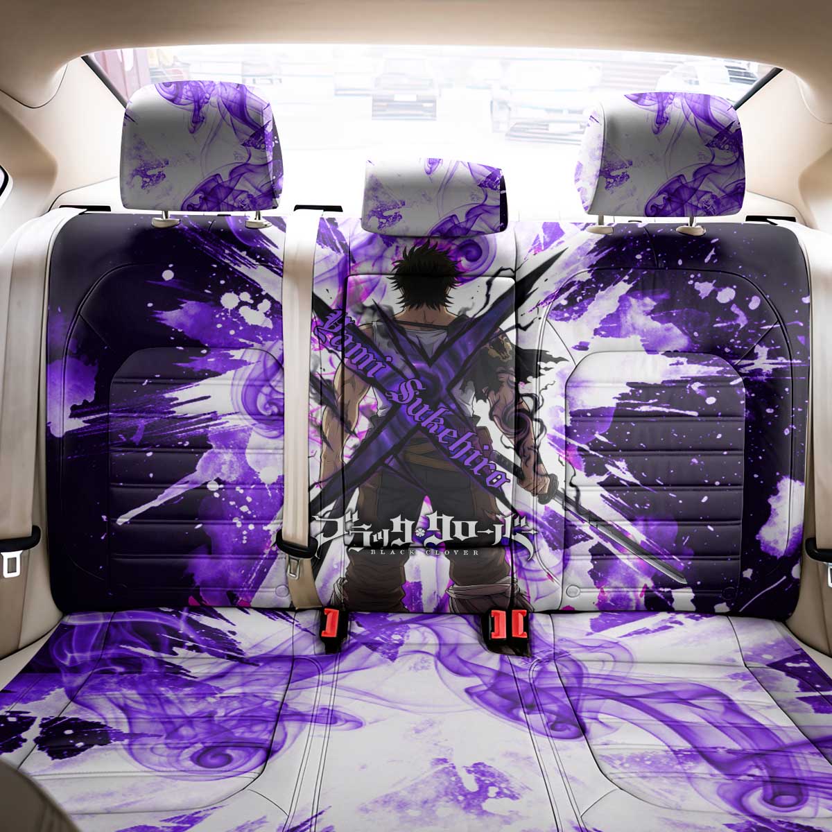 Yami Sukehiro Black Clover Back Car Seat Cover Dark Magic Anime Style with Purple Smoke and Bull Emblem