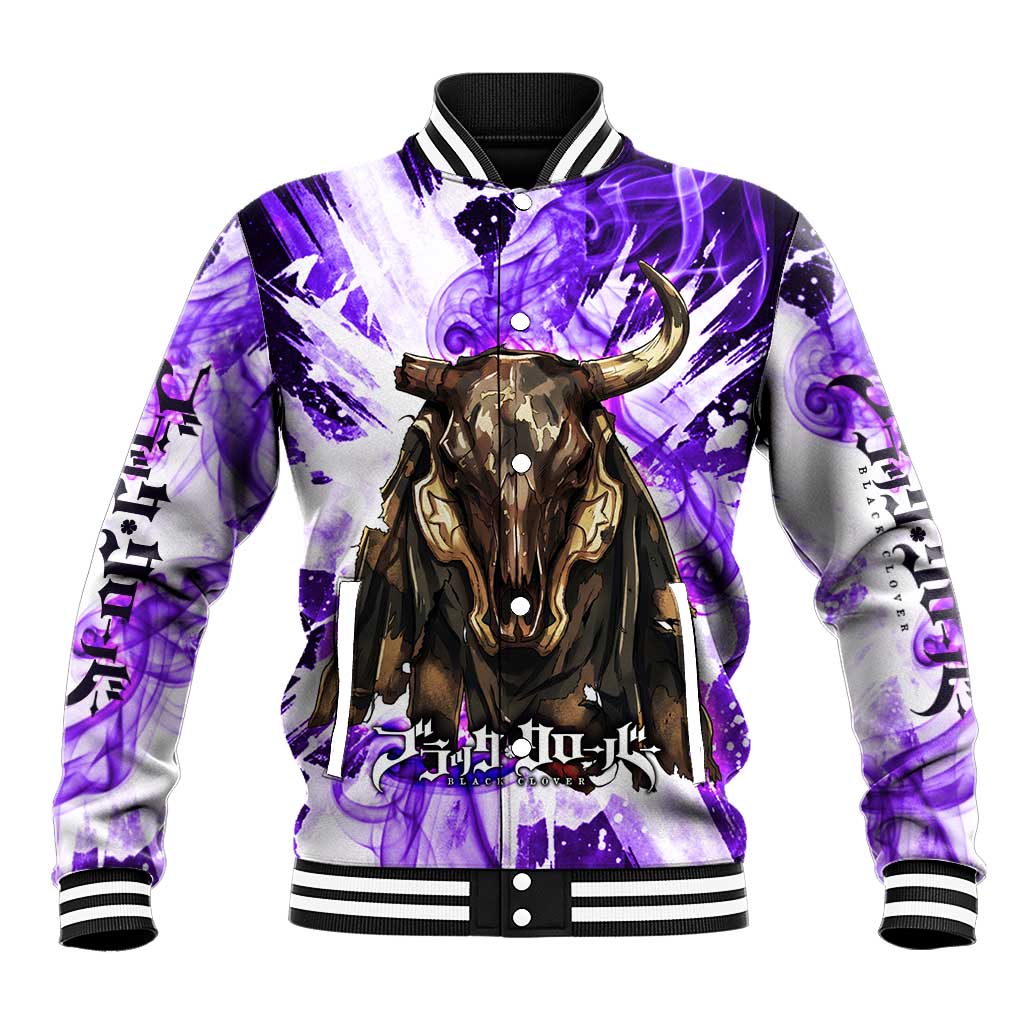 Yami Sukehiro Black Clover Baseball Jacket Dark Magic Anime Style with Purple Smoke and Bull Emblem
