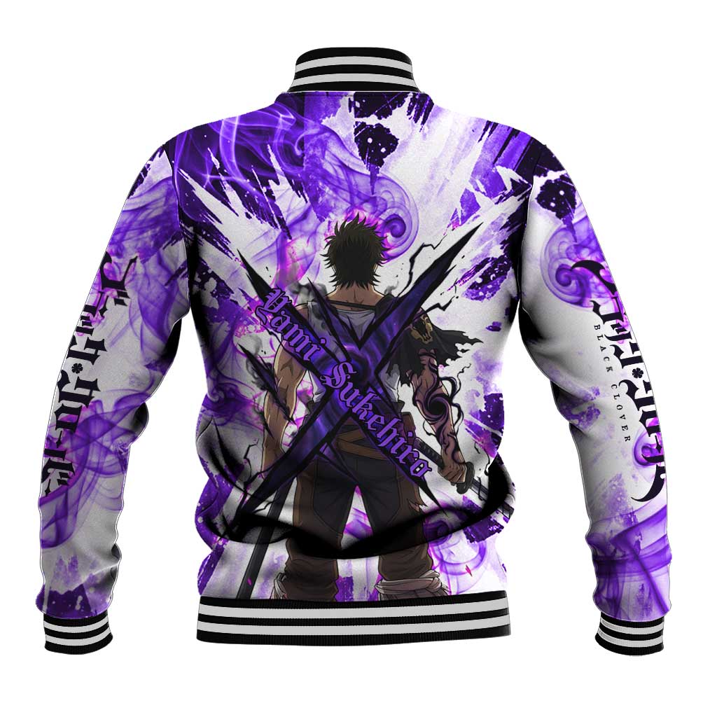 Yami Sukehiro Black Clover Baseball Jacket Dark Magic Anime Style with Purple Smoke and Bull Emblem