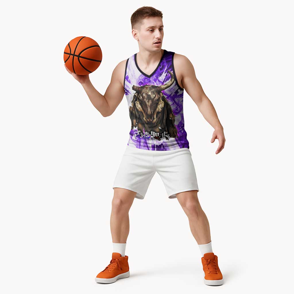 Yami Sukehiro Black Clover Basketball Jersey Dark Magic Anime Style with Purple Smoke and Bull Emblem