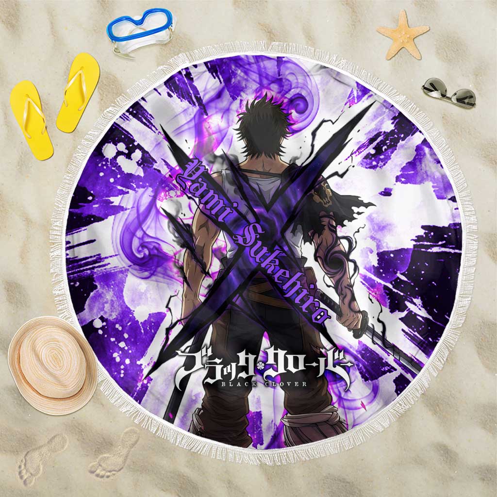 Yami Sukehiro Black Clover Beach Blanket Dark Magic Anime Style with Purple Smoke and Bull Emblem