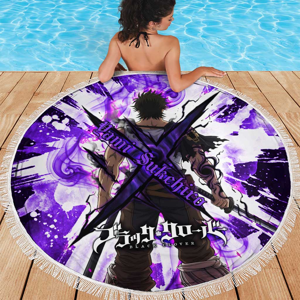 Yami Sukehiro Black Clover Beach Blanket Dark Magic Anime Style with Purple Smoke and Bull Emblem