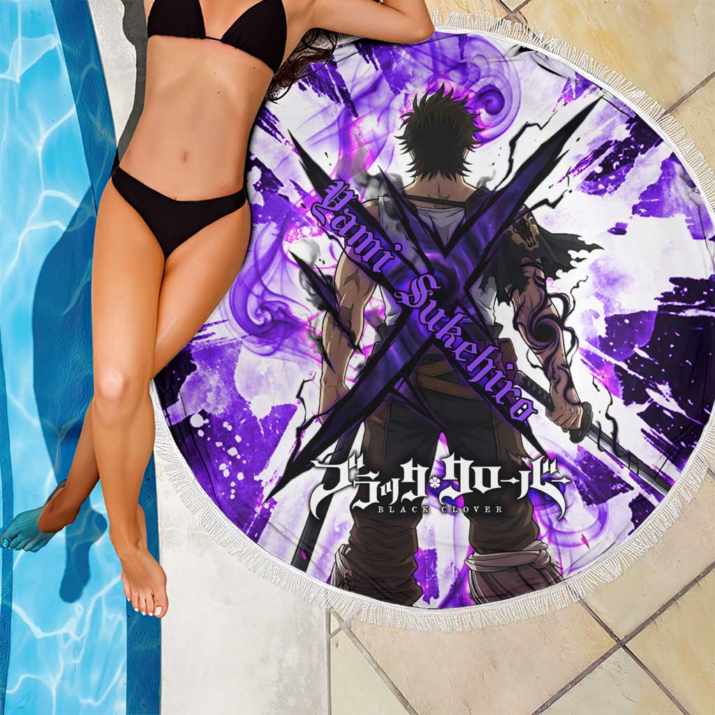 Yami Sukehiro Black Clover Beach Blanket Dark Magic Anime Style with Purple Smoke and Bull Emblem