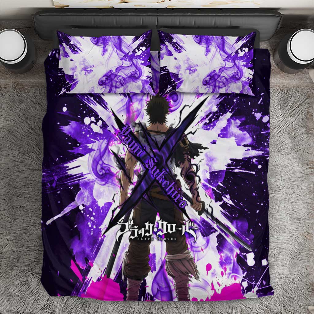 Yami Sukehiro Black Clover Bedding Set Dark Magic Anime Style with Purple Smoke and Bull Emblem