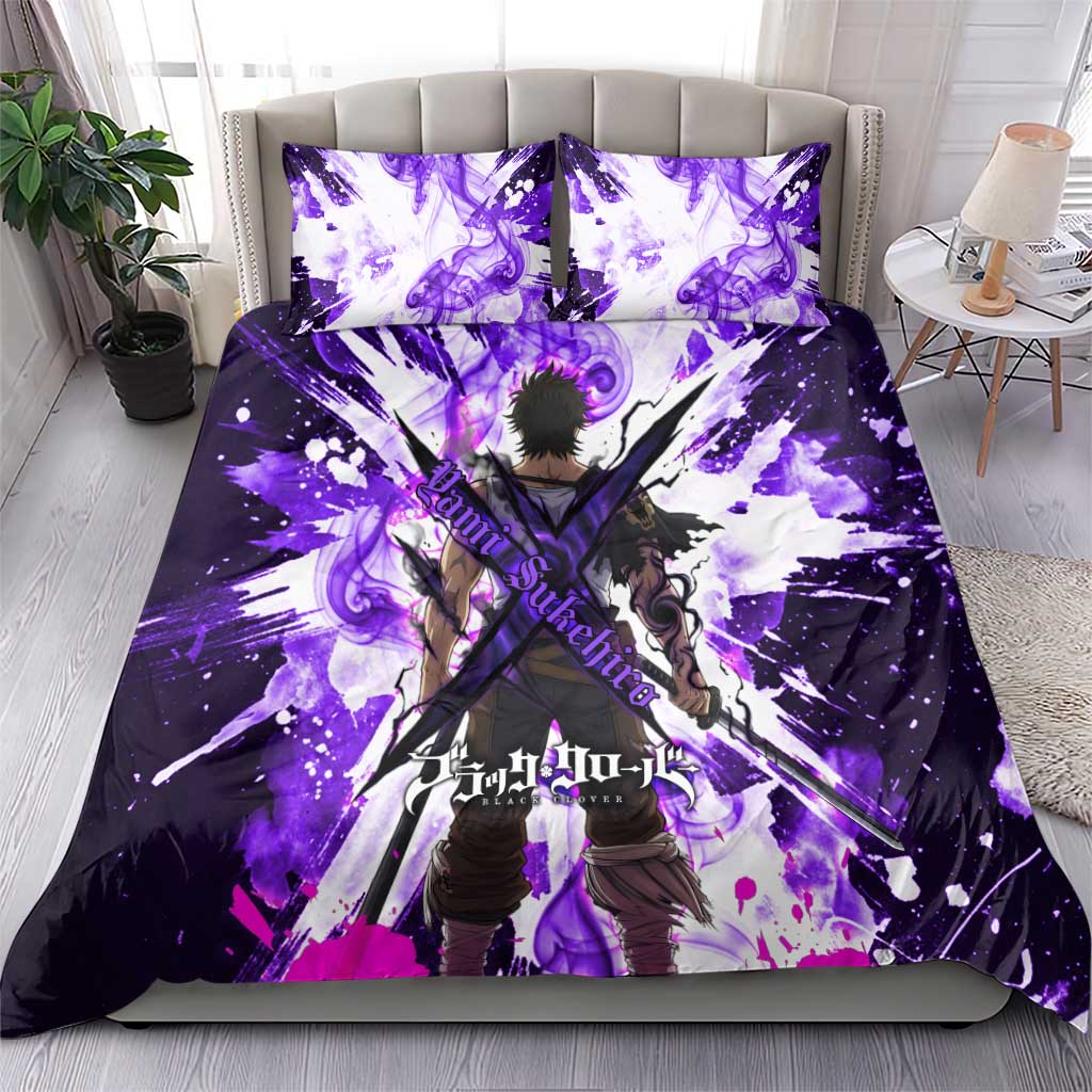 Yami Sukehiro Black Clover Bedding Set Dark Magic Anime Style with Purple Smoke and Bull Emblem