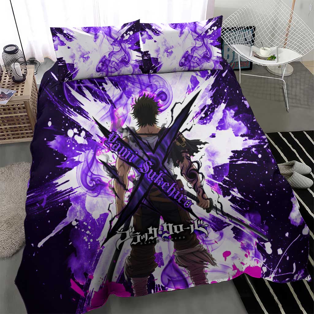 Yami Sukehiro Black Clover Bedding Set Dark Magic Anime Style with Purple Smoke and Bull Emblem