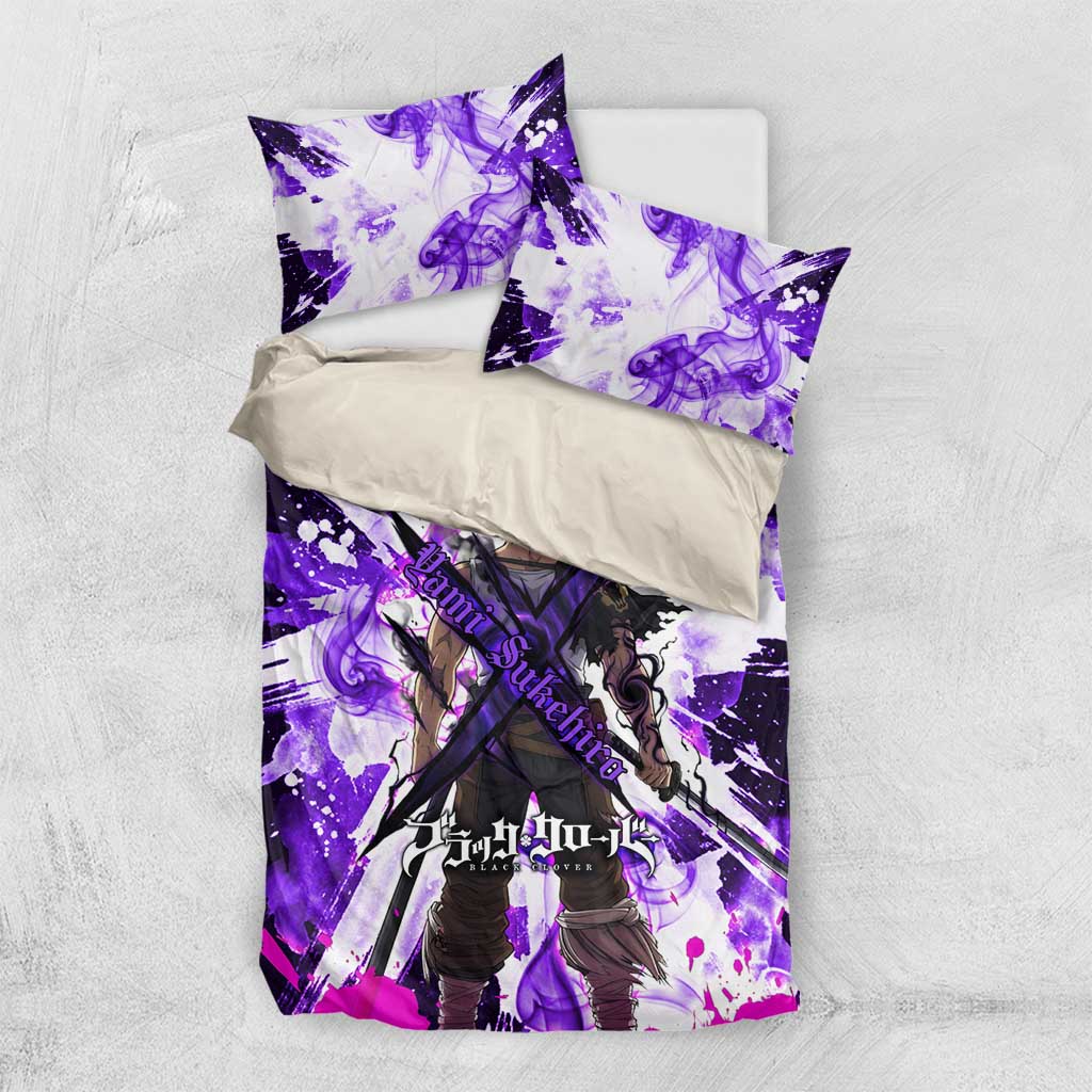 Yami Sukehiro Black Clover Bedding Set Dark Magic Anime Style with Purple Smoke and Bull Emblem