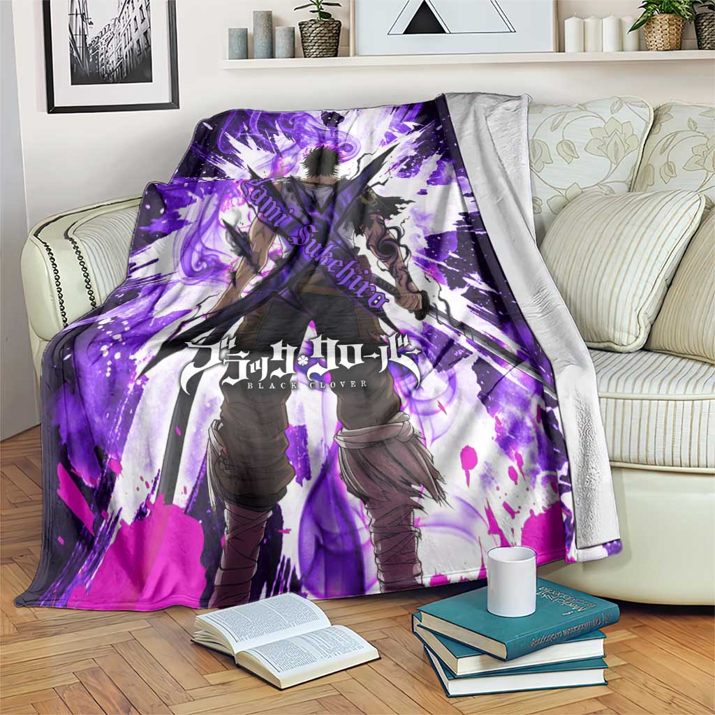 Yami Sukehiro Black Clover Blanket Dark Magic Anime Style with Purple Smoke and Bull Emblem