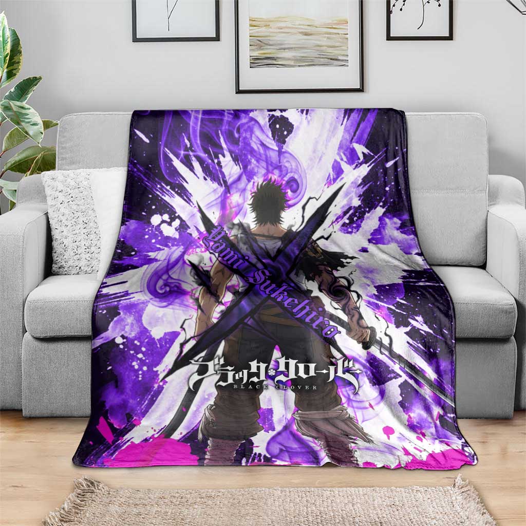 Yami Sukehiro Black Clover Blanket Dark Magic Anime Style with Purple Smoke and Bull Emblem
