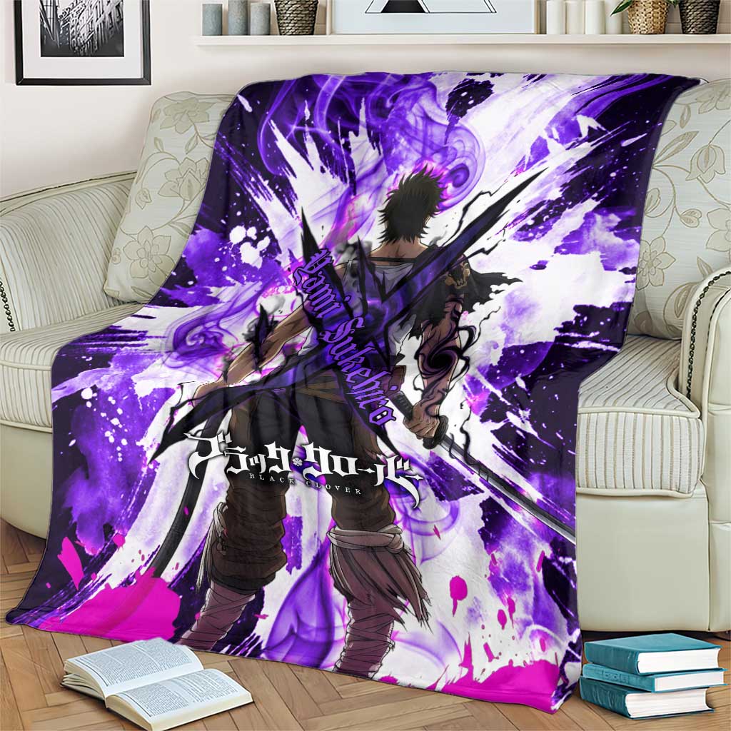 Yami Sukehiro Black Clover Blanket Dark Magic Anime Style with Purple Smoke and Bull Emblem