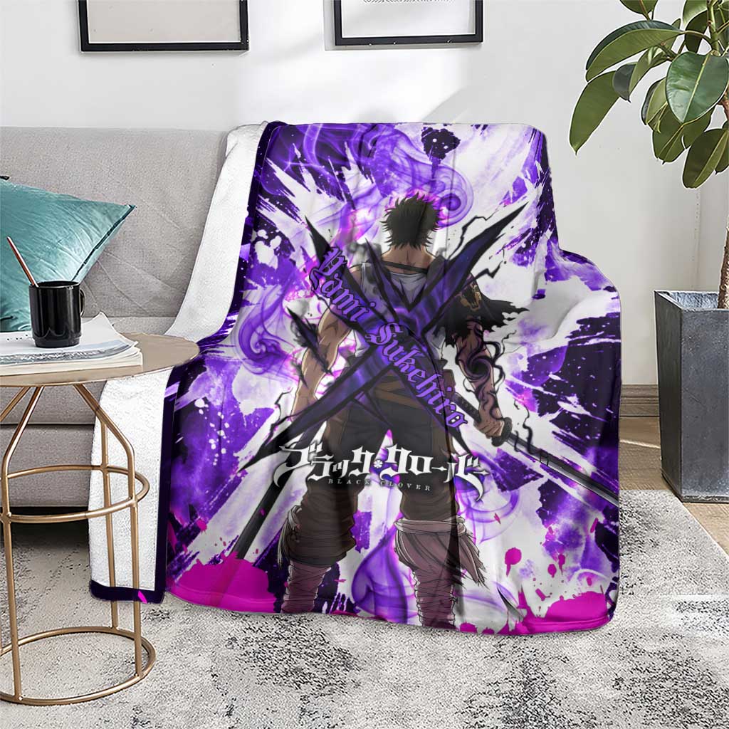 Yami Sukehiro Black Clover Blanket Dark Magic Anime Style with Purple Smoke and Bull Emblem