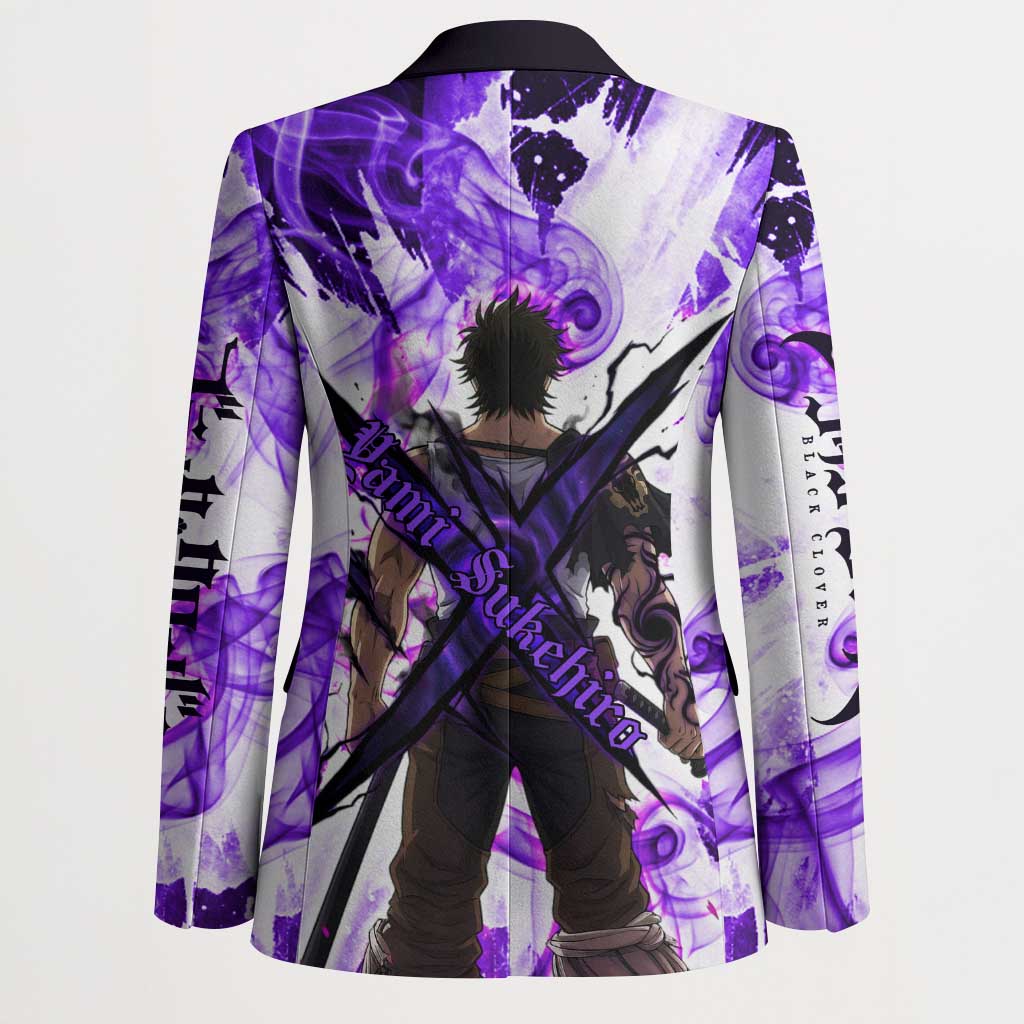 Yami Sukehiro Black Clover Blazer Dark Magic Anime Style with Purple Smoke and Bull Emblem