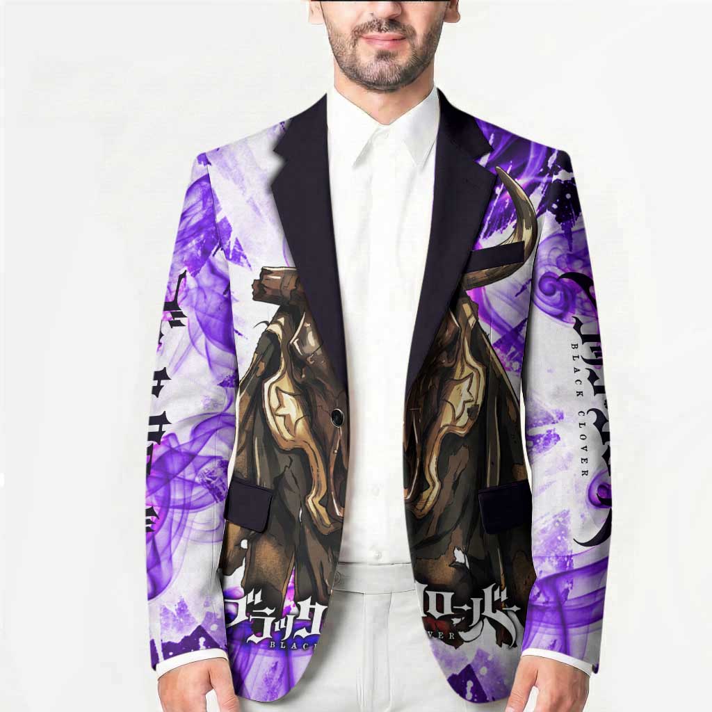 Yami Sukehiro Black Clover Blazer Dark Magic Anime Style with Purple Smoke and Bull Emblem