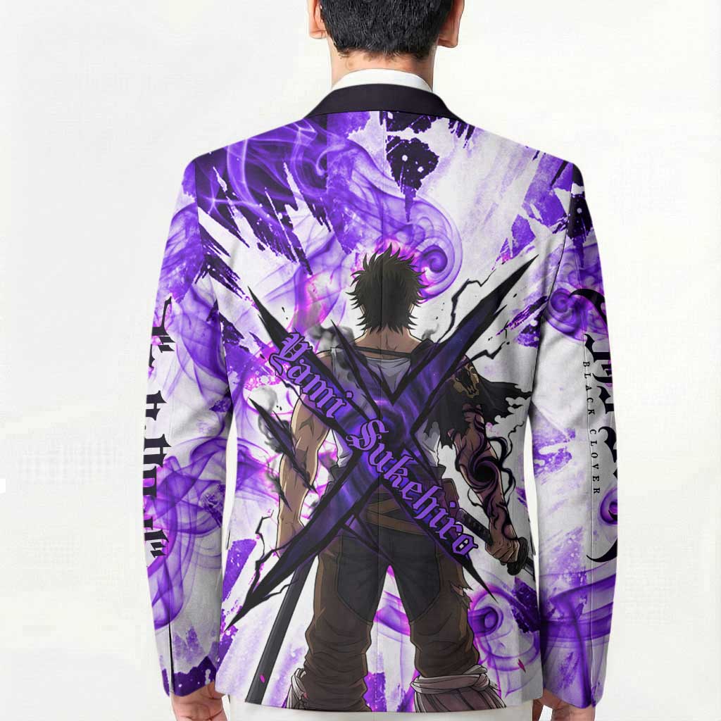 Yami Sukehiro Black Clover Blazer Dark Magic Anime Style with Purple Smoke and Bull Emblem
