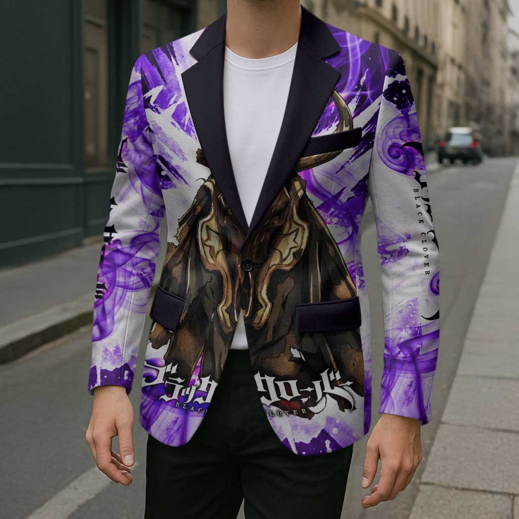 Yami Sukehiro Black Clover Blazer Dark Magic Anime Style with Purple Smoke and Bull Emblem