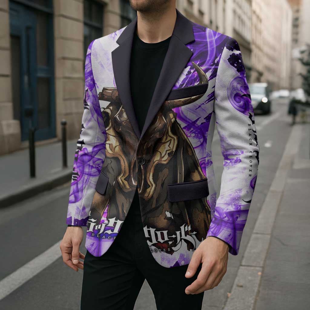 Yami Sukehiro Black Clover Blazer Dark Magic Anime Style with Purple Smoke and Bull Emblem