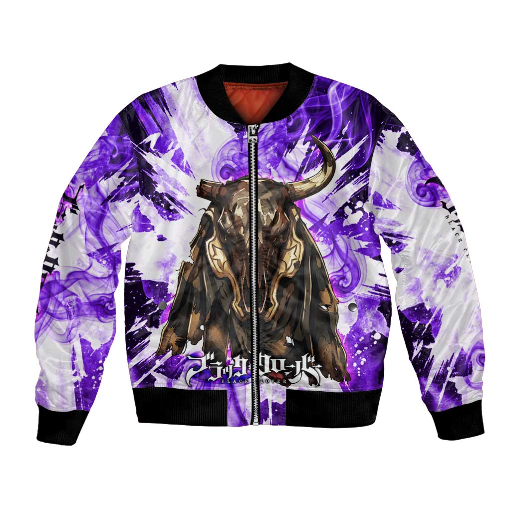 Yami Sukehiro Black Clover Bomber Jacket Dark Magic Anime Style with Purple Smoke and Bull Emblem