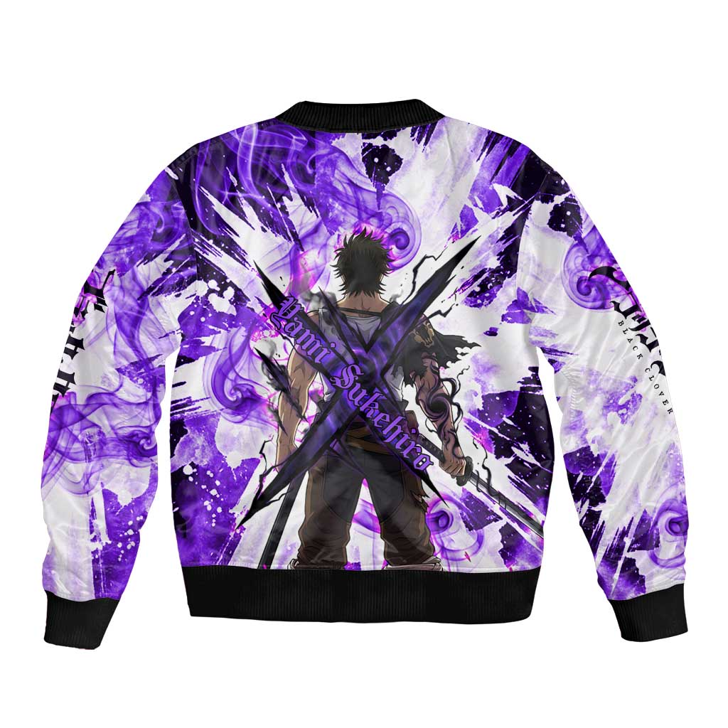 Yami Sukehiro Black Clover Bomber Jacket Dark Magic Anime Style with Purple Smoke and Bull Emblem