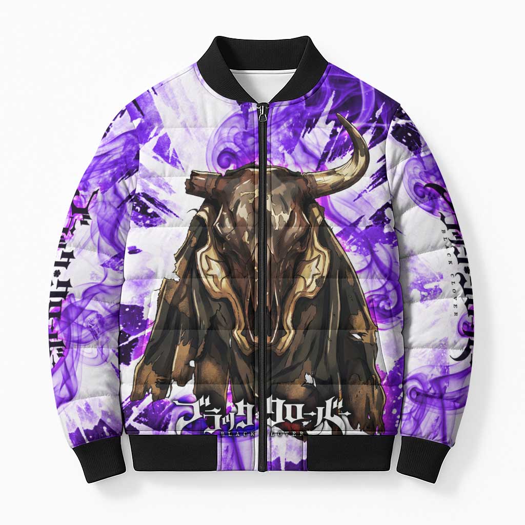 Yami Sukehiro Black Clover Bomber Puffer Jacket Dark Magic Anime Style with Purple Smoke and Bull Emblem