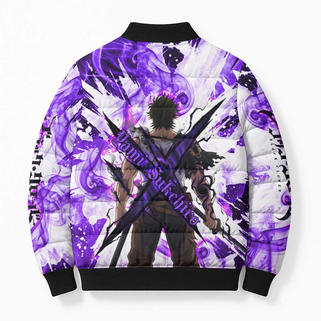 Yami Sukehiro Black Clover Bomber Puffer Jacket Dark Magic Anime Style with Purple Smoke and Bull Emblem