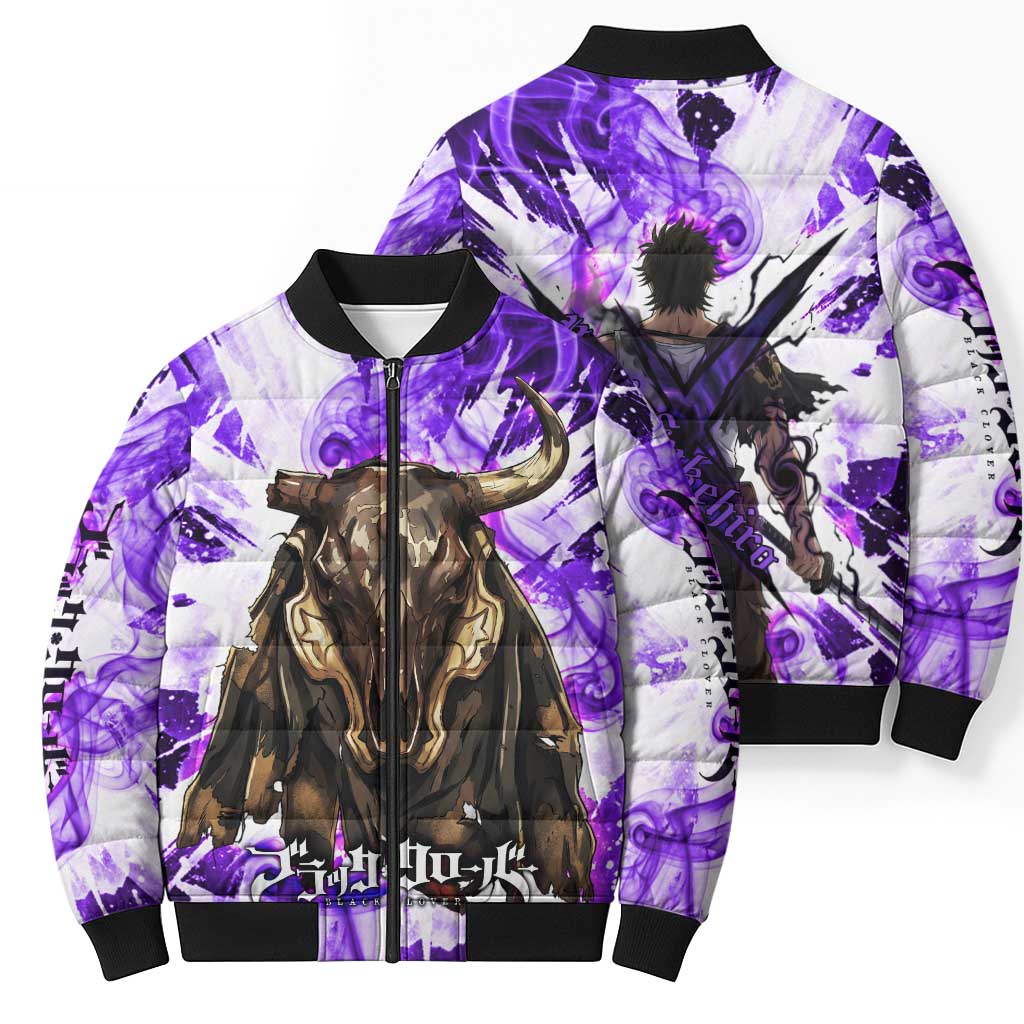 Yami Sukehiro Black Clover Bomber Puffer Jacket Dark Magic Anime Style with Purple Smoke and Bull Emblem