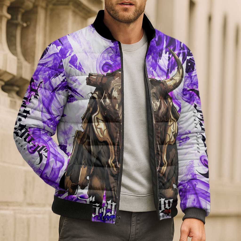 Yami Sukehiro Black Clover Bomber Puffer Jacket Dark Magic Anime Style with Purple Smoke and Bull Emblem