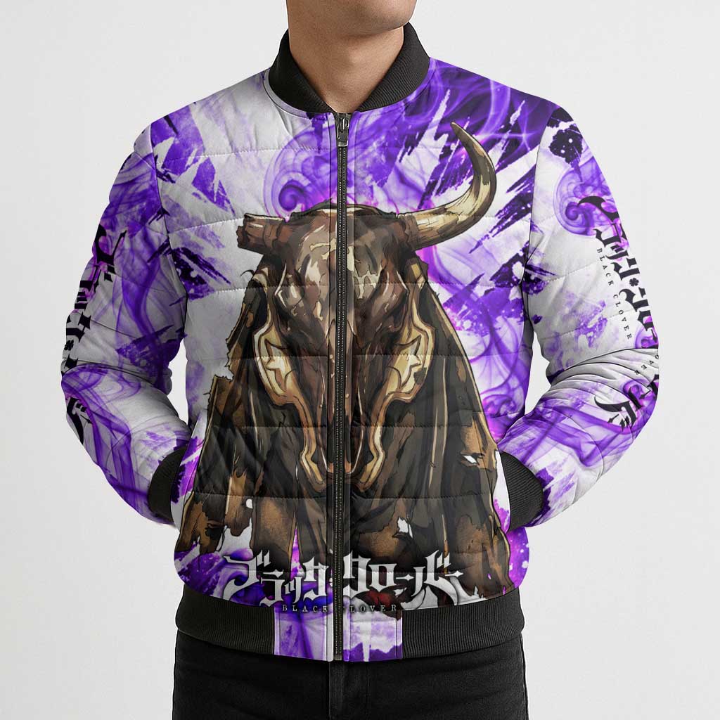 Yami Sukehiro Black Clover Bomber Puffer Jacket Dark Magic Anime Style with Purple Smoke and Bull Emblem