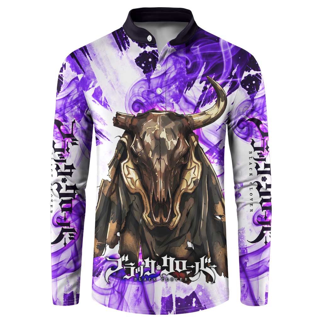Yami Sukehiro Black Clover Button Sweatshirt Dark Magic Anime Style with Purple Smoke and Bull Emblem