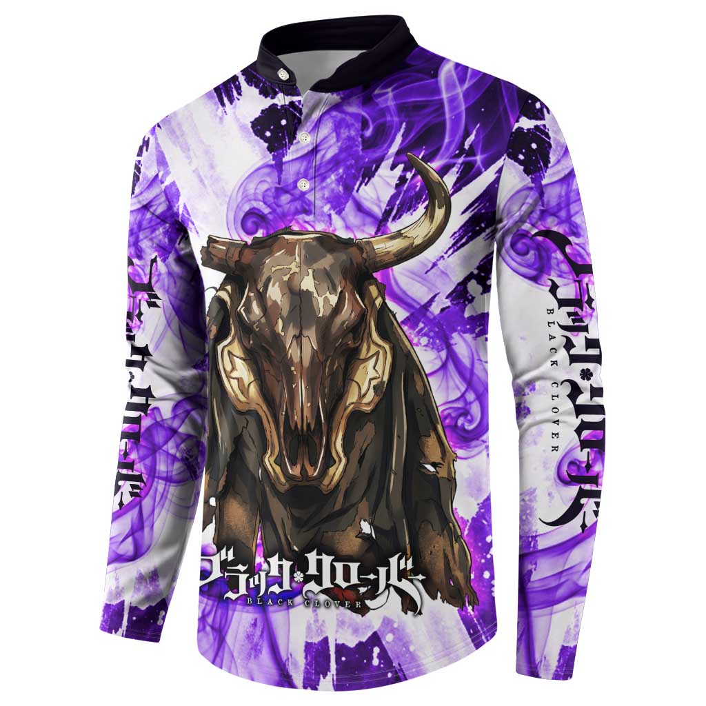 Yami Sukehiro Black Clover Button Sweatshirt Dark Magic Anime Style with Purple Smoke and Bull Emblem