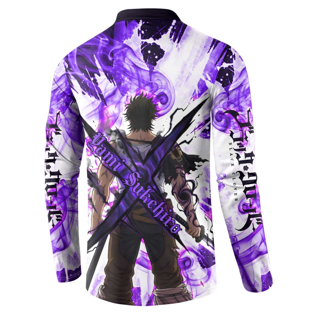 Yami Sukehiro Black Clover Button Sweatshirt Dark Magic Anime Style with Purple Smoke and Bull Emblem