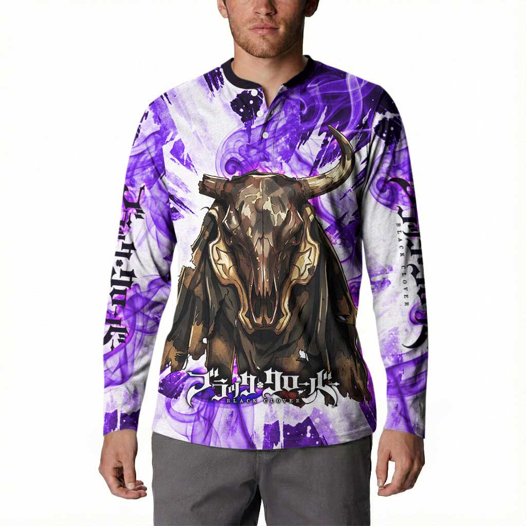 Yami Sukehiro Black Clover Button Sweatshirt Dark Magic Anime Style with Purple Smoke and Bull Emblem