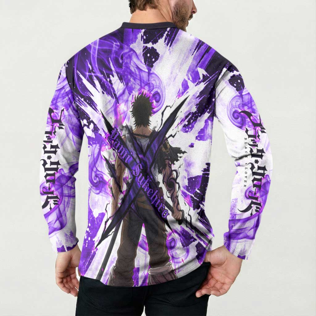 Yami Sukehiro Black Clover Button Sweatshirt Dark Magic Anime Style with Purple Smoke and Bull Emblem
