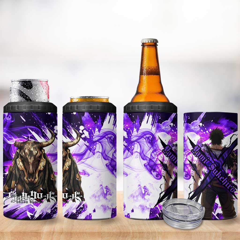 Yami Sukehiro Black Clover 4 in 1 Can Cooler Tumbler Dark Magic Anime Style with Purple Smoke and Bull Emblem