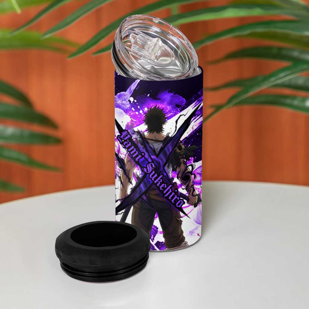 Yami Sukehiro Black Clover 4 in 1 Can Cooler Tumbler Dark Magic Anime Style with Purple Smoke and Bull Emblem