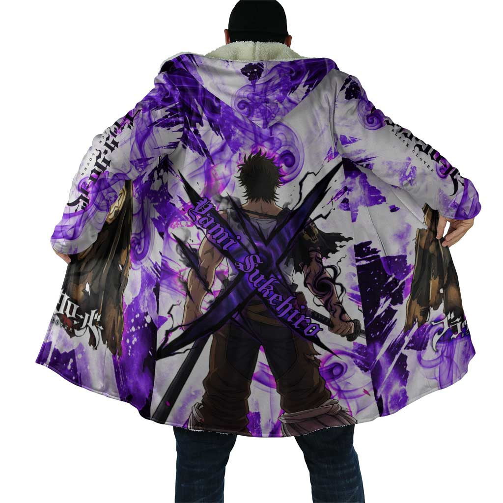 Yami Sukehiro Black Clover Cloak Dark Magic Anime Style with Purple Smoke and Bull Emblem