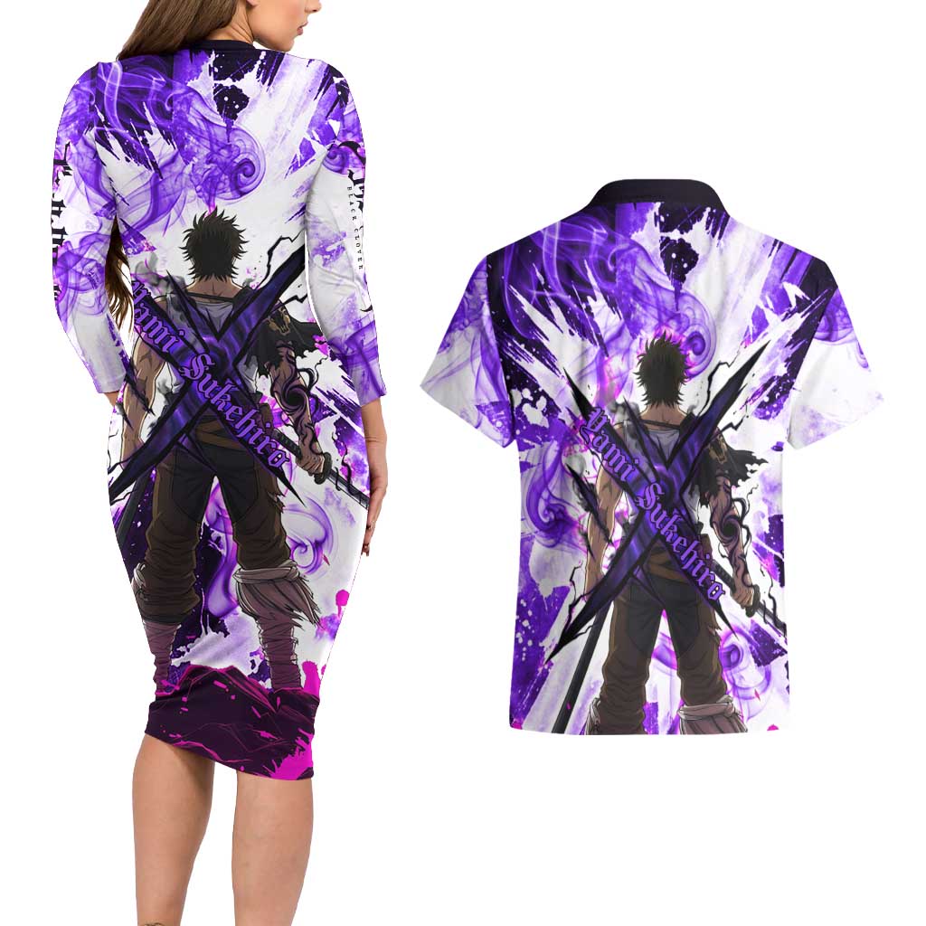 Yami Sukehiro Black Clover Couples Matching Long Sleeve Bodycon Dress and Hawaiian Shirt Dark Magic Anime Style with Purple Smoke and Bull Emblem