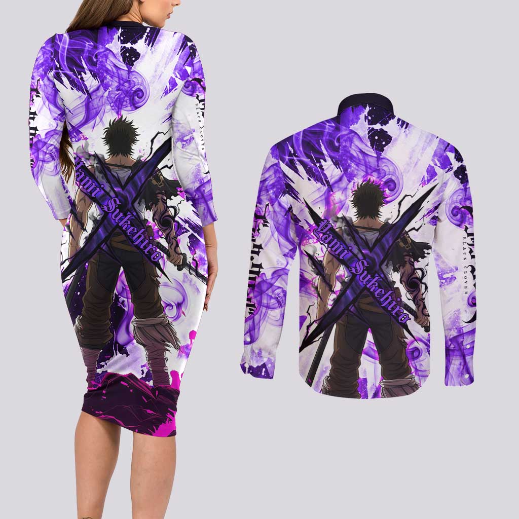 Yami Sukehiro Black Clover Couples Matching Long Sleeve Bodycon Dress and Long Sleeve Button Shirt Dark Magic Anime Style with Purple Smoke and Bull Emblem