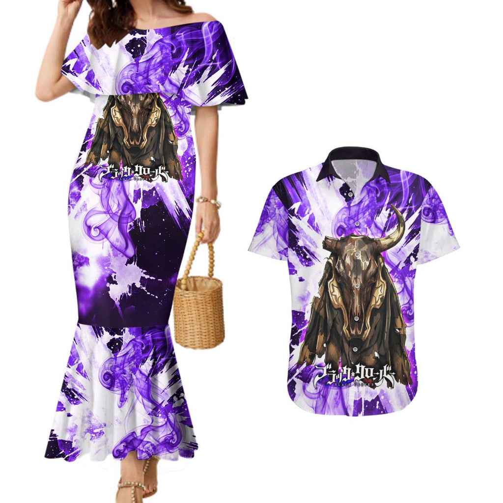 Yami Sukehiro Black Clover Couples Matching Mermaid Dress and Hawaiian Shirt Dark Magic Anime Style with Purple Smoke and Bull Emblem