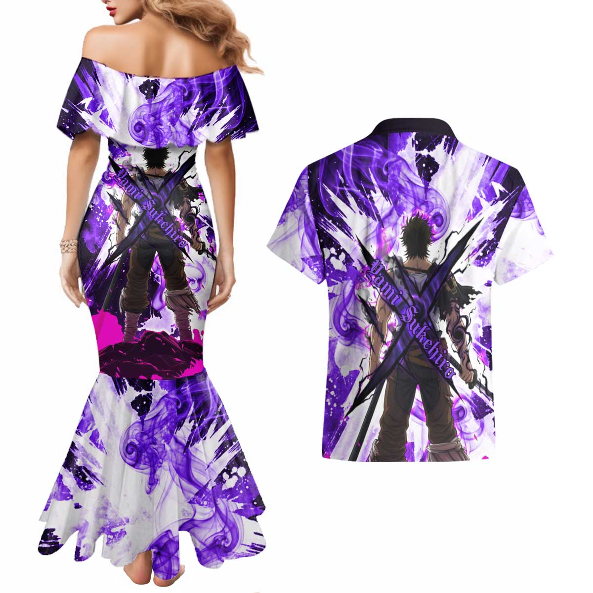 Yami Sukehiro Black Clover Couples Matching Mermaid Dress and Hawaiian Shirt Dark Magic Anime Style with Purple Smoke and Bull Emblem