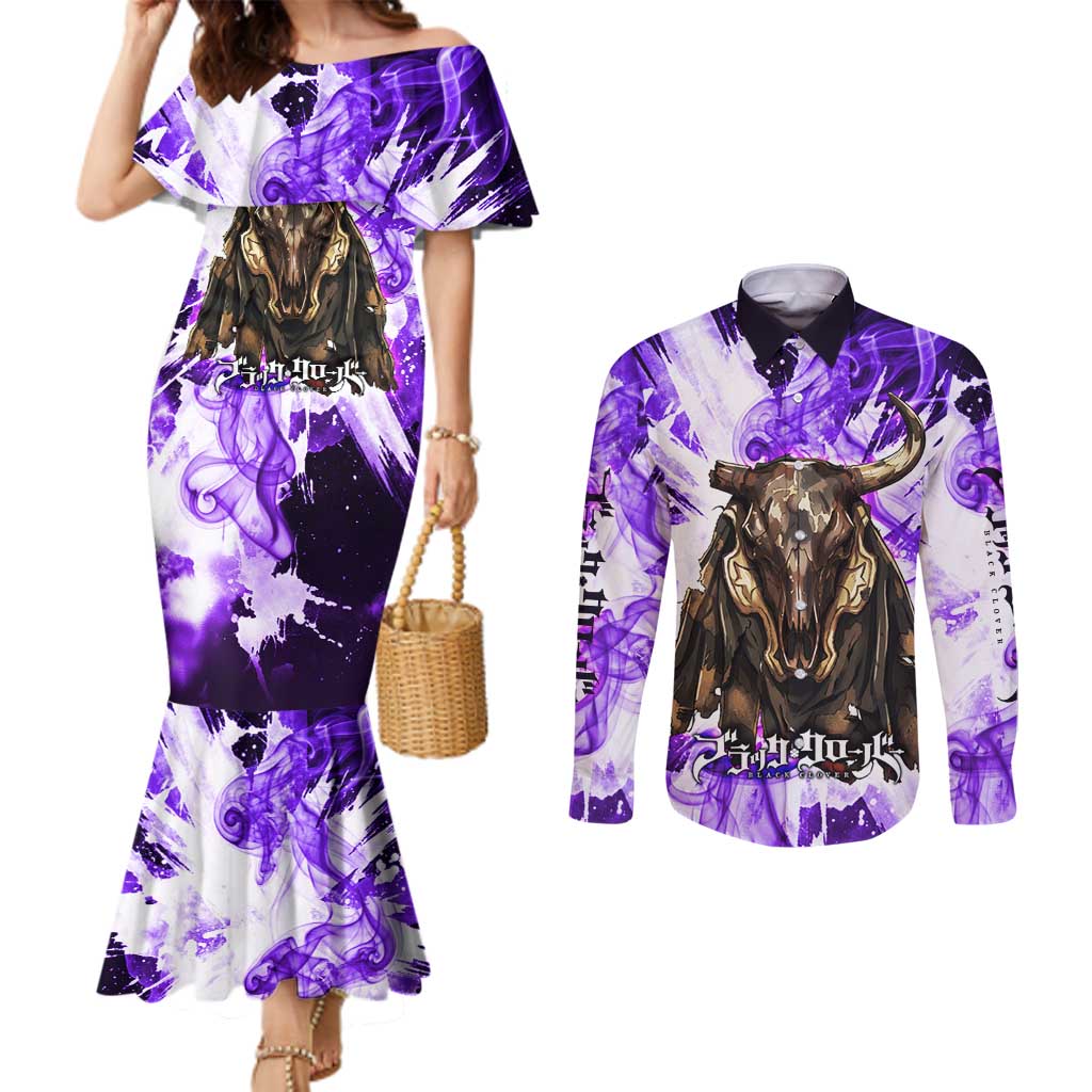 Yami Sukehiro Black Clover Couples Matching Mermaid Dress and Long Sleeve Button Shirt Dark Magic Anime Style with Purple Smoke and Bull Emblem